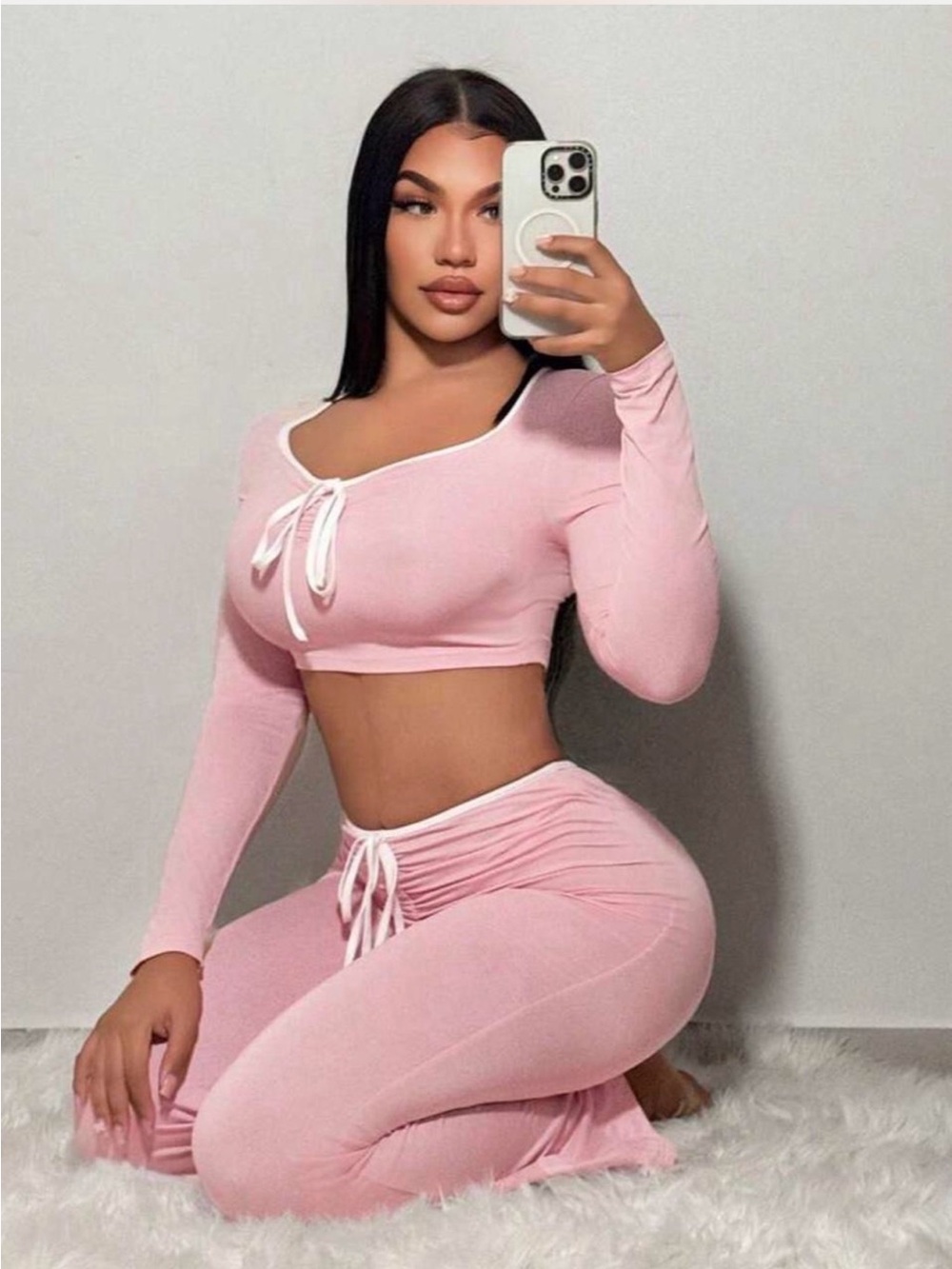 Pink Two-Piece Lounge Set - Long Sleeve Crop Top & Drawstring Pants